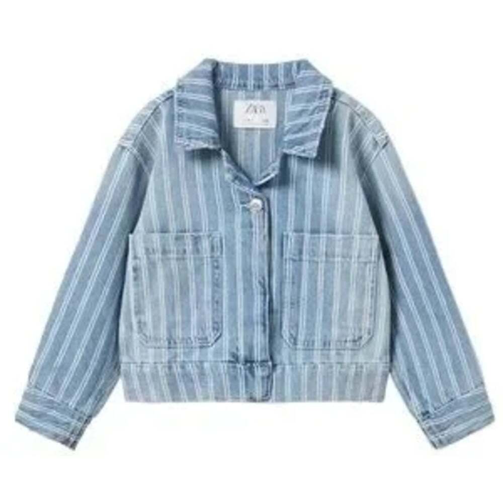 Zara Kids Light Blue Wash Striped Crop Denim Jean Jacket 9-10Y
